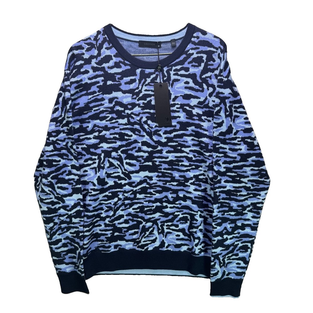 Greyson Saratoga Wool Sweater Mens Medium Blue Stalking Wolf Camo Crewneck NWT